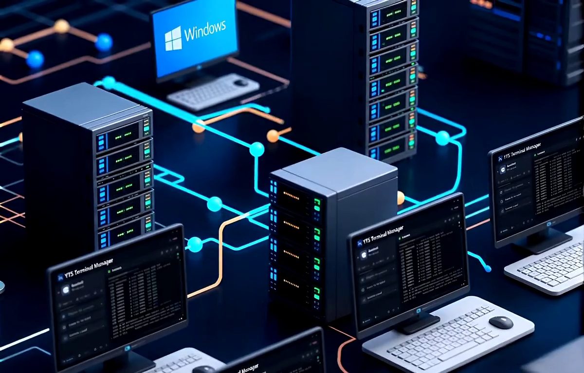 Data centre racks and monitors running YTS Terminal Manager, linked by glowing network paths