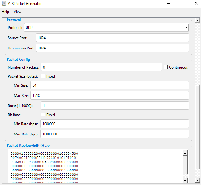 YTS ETH Packet Generator — protocol and packet-size configuration with the packet review and edit pane in raw hex