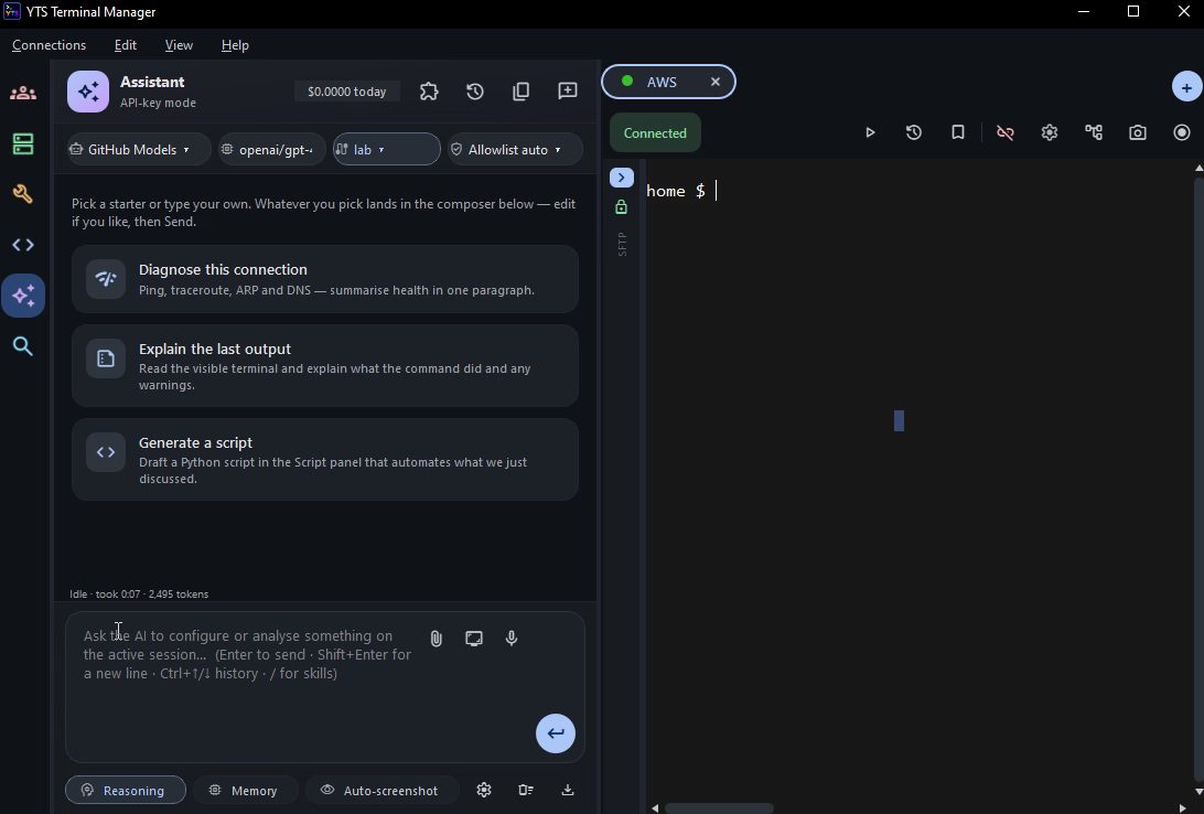 Built-in AI assistant panel beside a connected SSH session