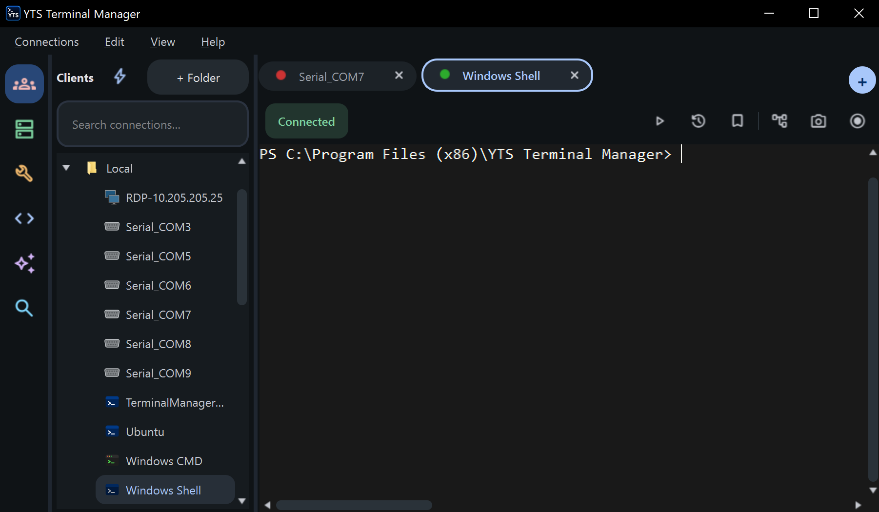 YTS Terminal Manager clients panel — saved connections in folders with search, alongside a live Windows Shell session