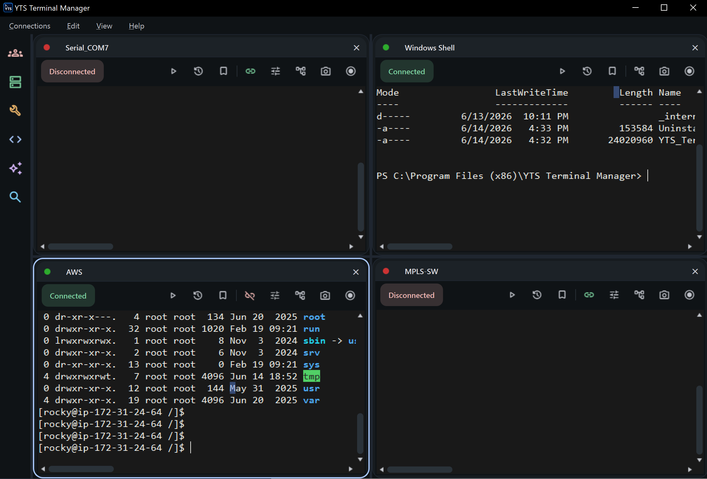 YTS Terminal Manager matrix view — four sessions tiled in a grid