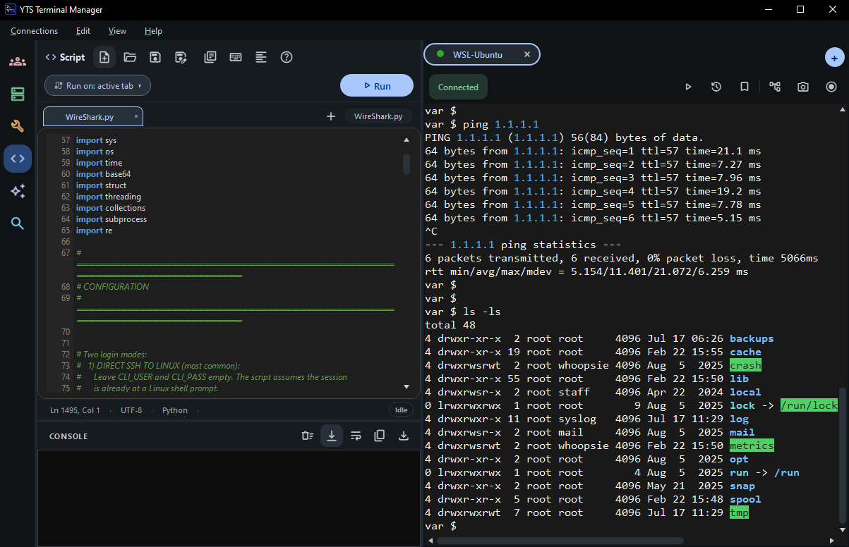YTS Terminal Manager Python script panel — an editor with tabs and a console running against a live WSL session
