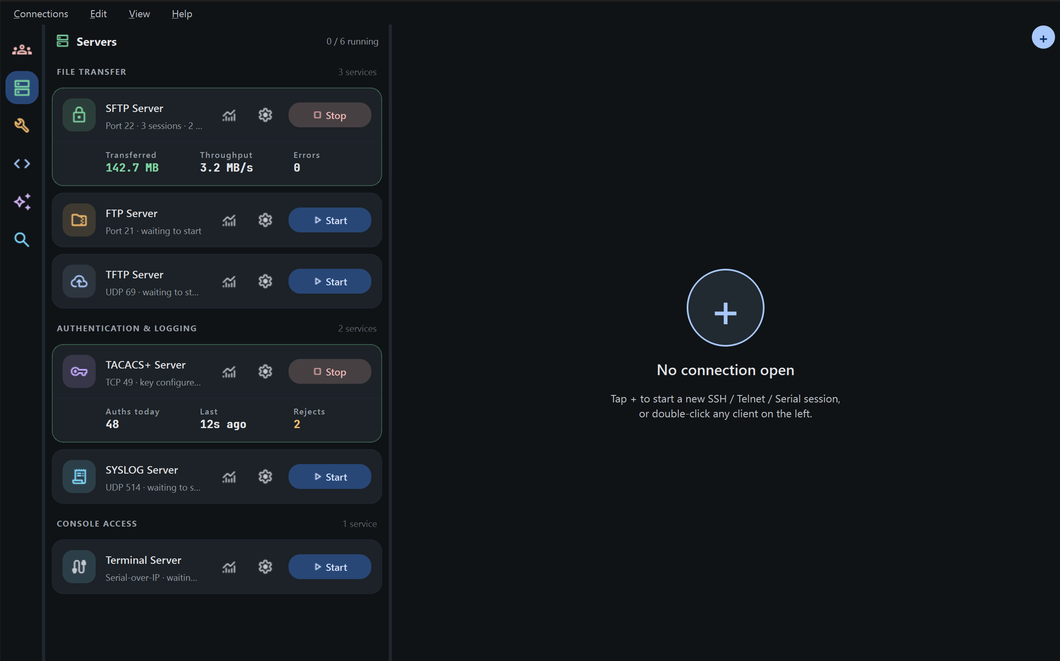 YTS Terminal Manager servers panel — SFTP, FTP, TFTP, TACACS+, SYSLOG and Terminal Server with live counters