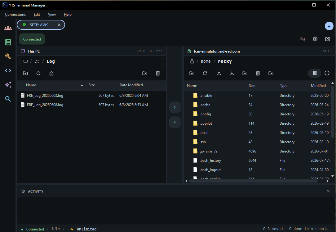 YTS Terminal Manager SFTP client — dual-pane file transfer between the local PC and a remote server