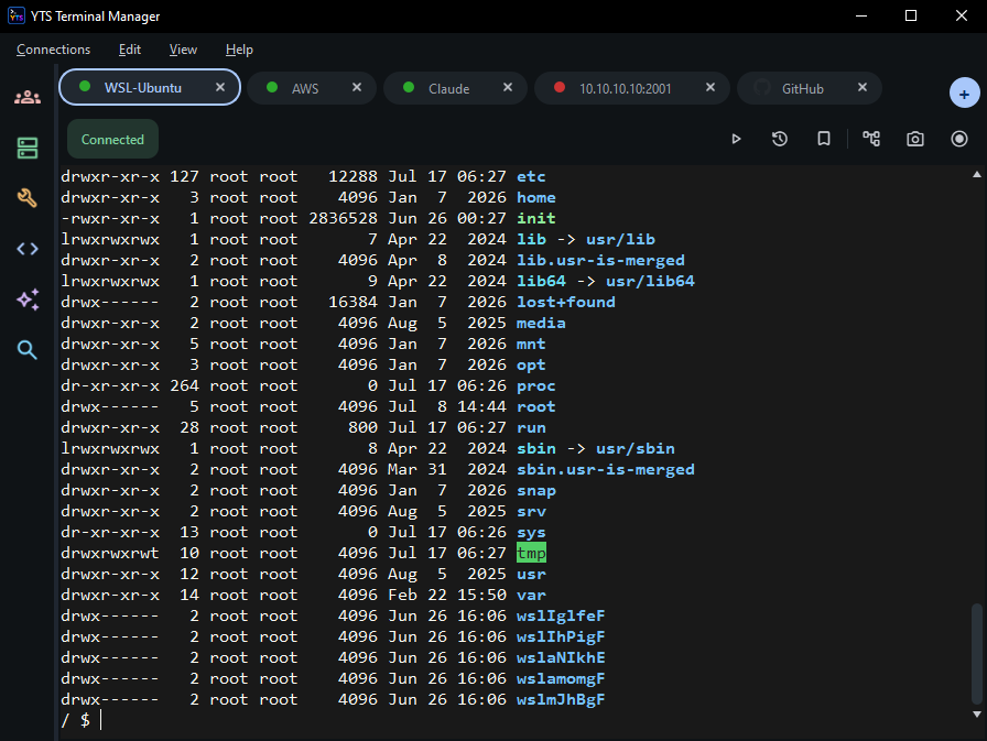 YTS Terminal Manager single view — one session filling the window, the rest waiting in tabs