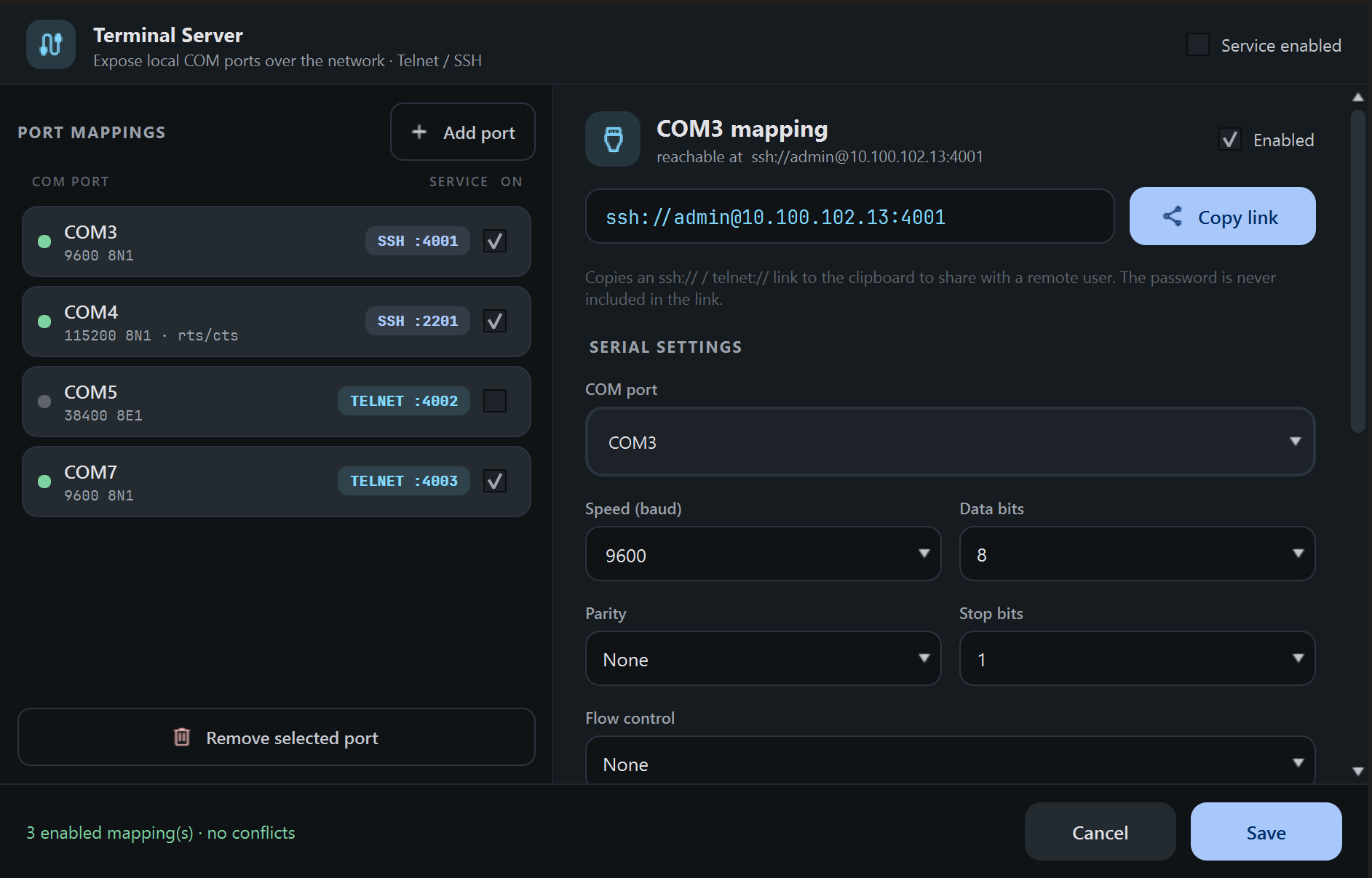 YTS Terminal Manager Terminal Server — COM port to TCP mappings over SSH and Telnet with a shareable link