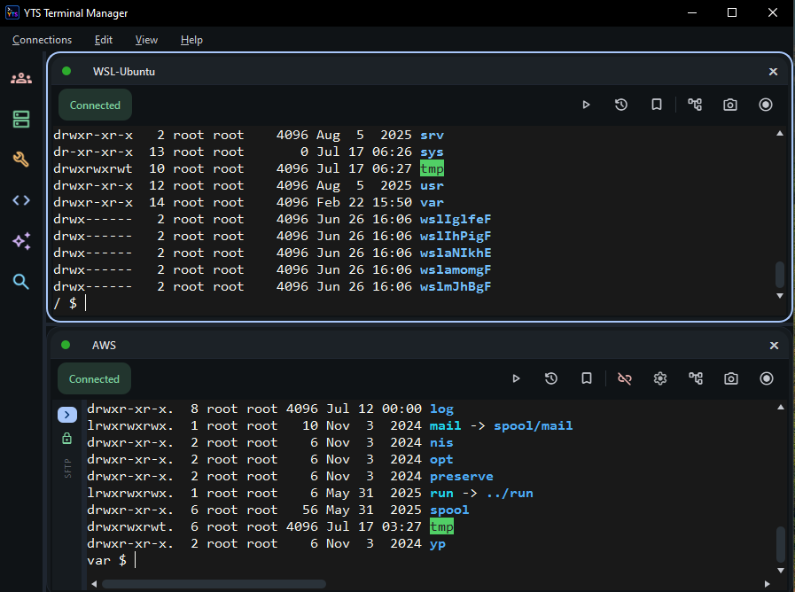 YTS Terminal Manager vertical view — two live sessions stacked one above the other