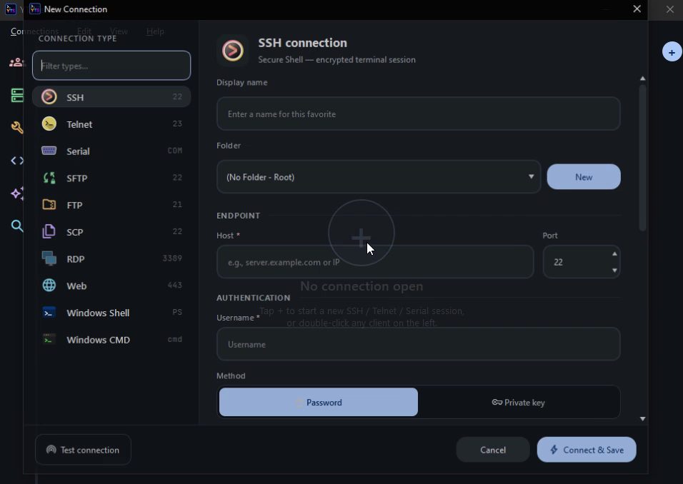 YTS Terminal Manager — tabbed SSH, Telnet and Serial sessions on Windows