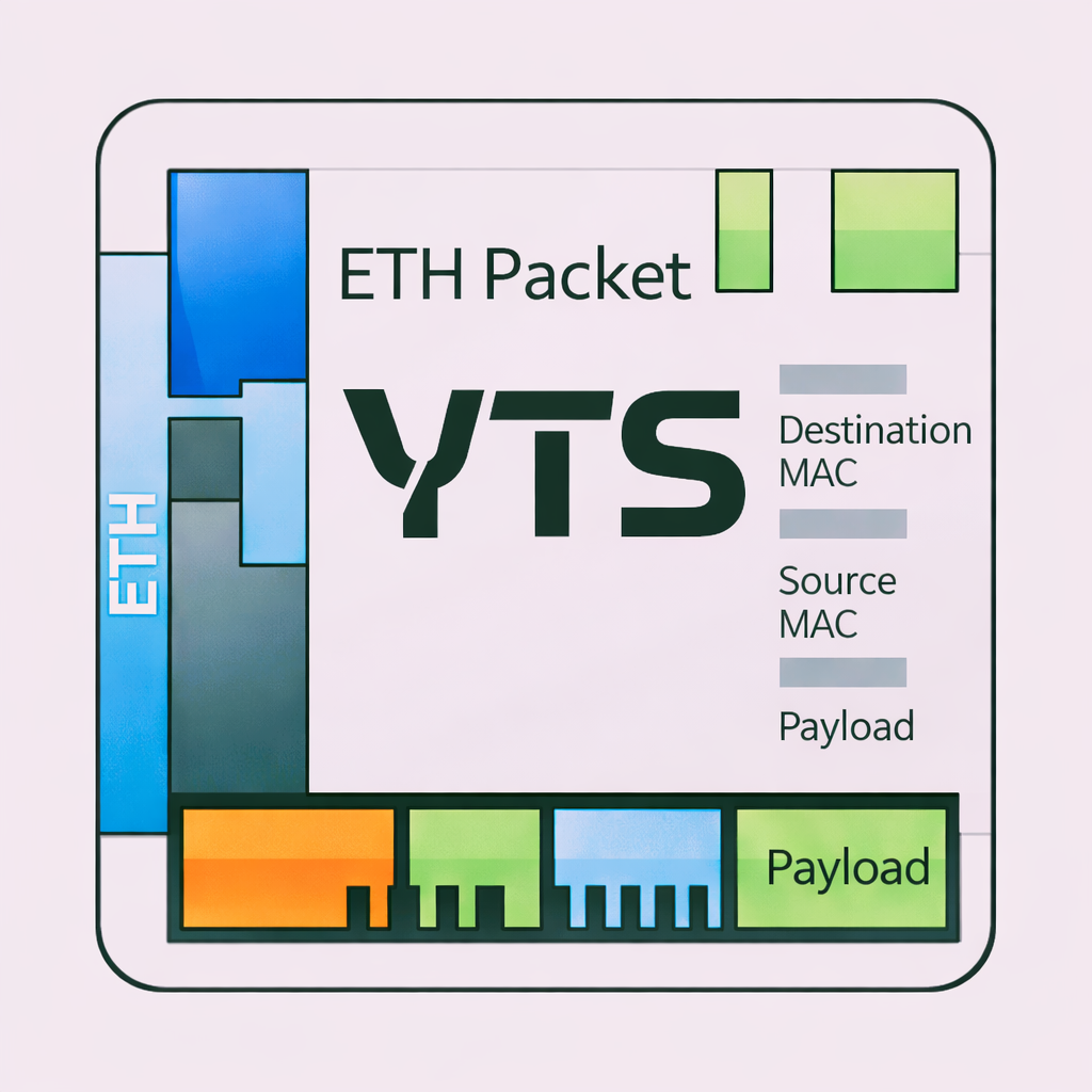 YTS Packet Generator — Windows application showing Ethernet frame configuration, IPv4 header fields, VLAN settings and real-time packet monitor with Tx/Rx graph