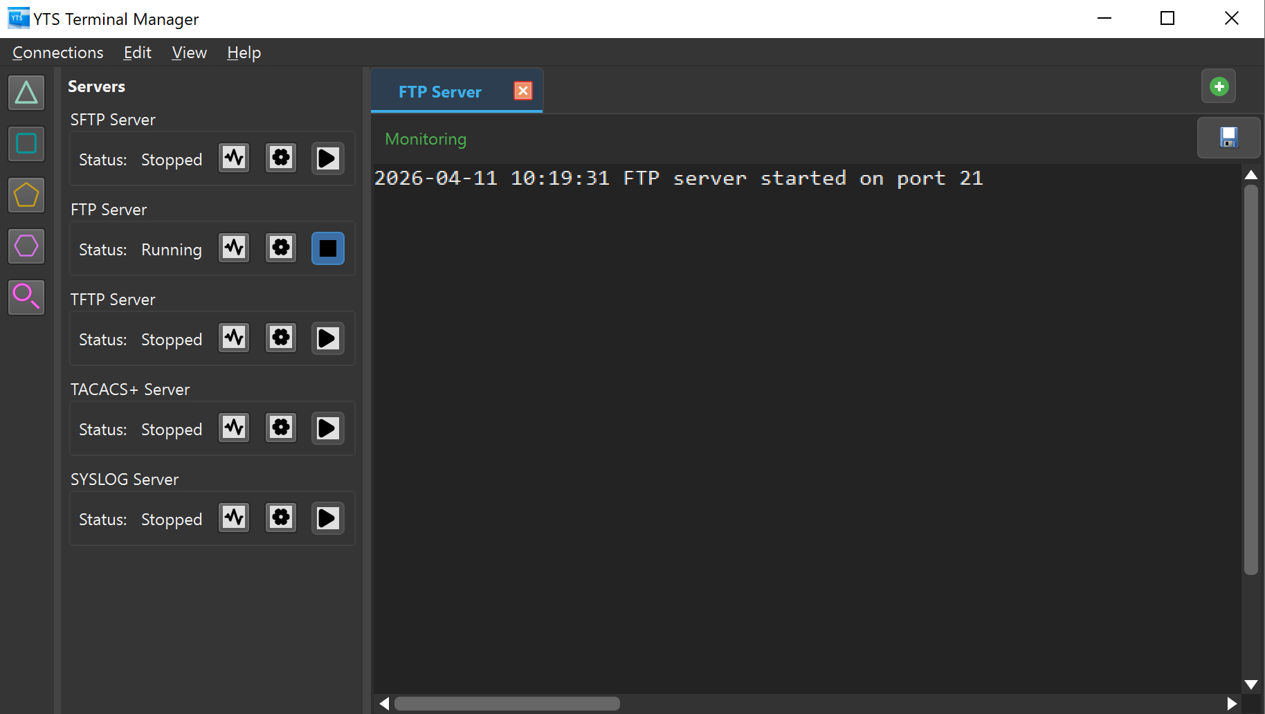 YTS Terminal Manager — embedded SFTP,FTP, TFTP, TACACS+ and SYSLOG server panel