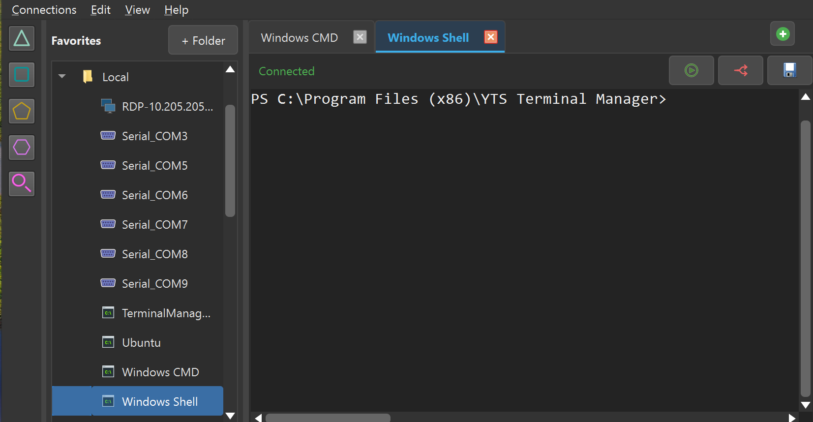 YTS Terminal Manager — Windows application showing PowerShell, Serial COM connections, RDP and SSH sessions