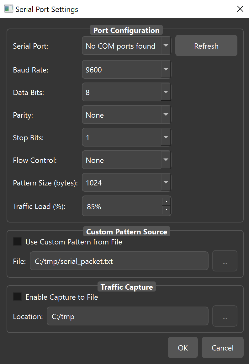 YTS Serial Traffic Generator — serial port settings panel showing baud rate, data bits, parity configuration