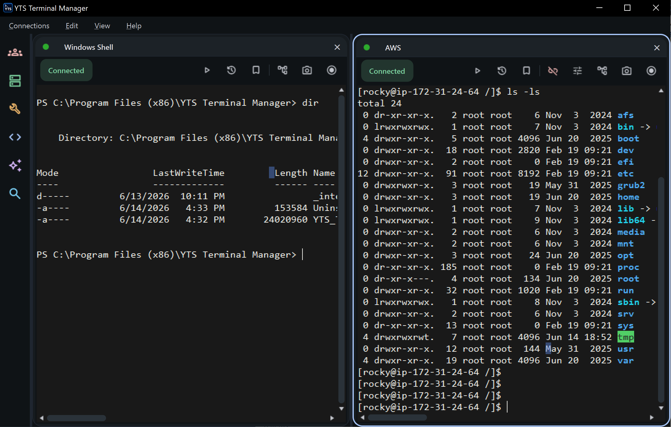 YTS Terminal Manager — multi-session layout