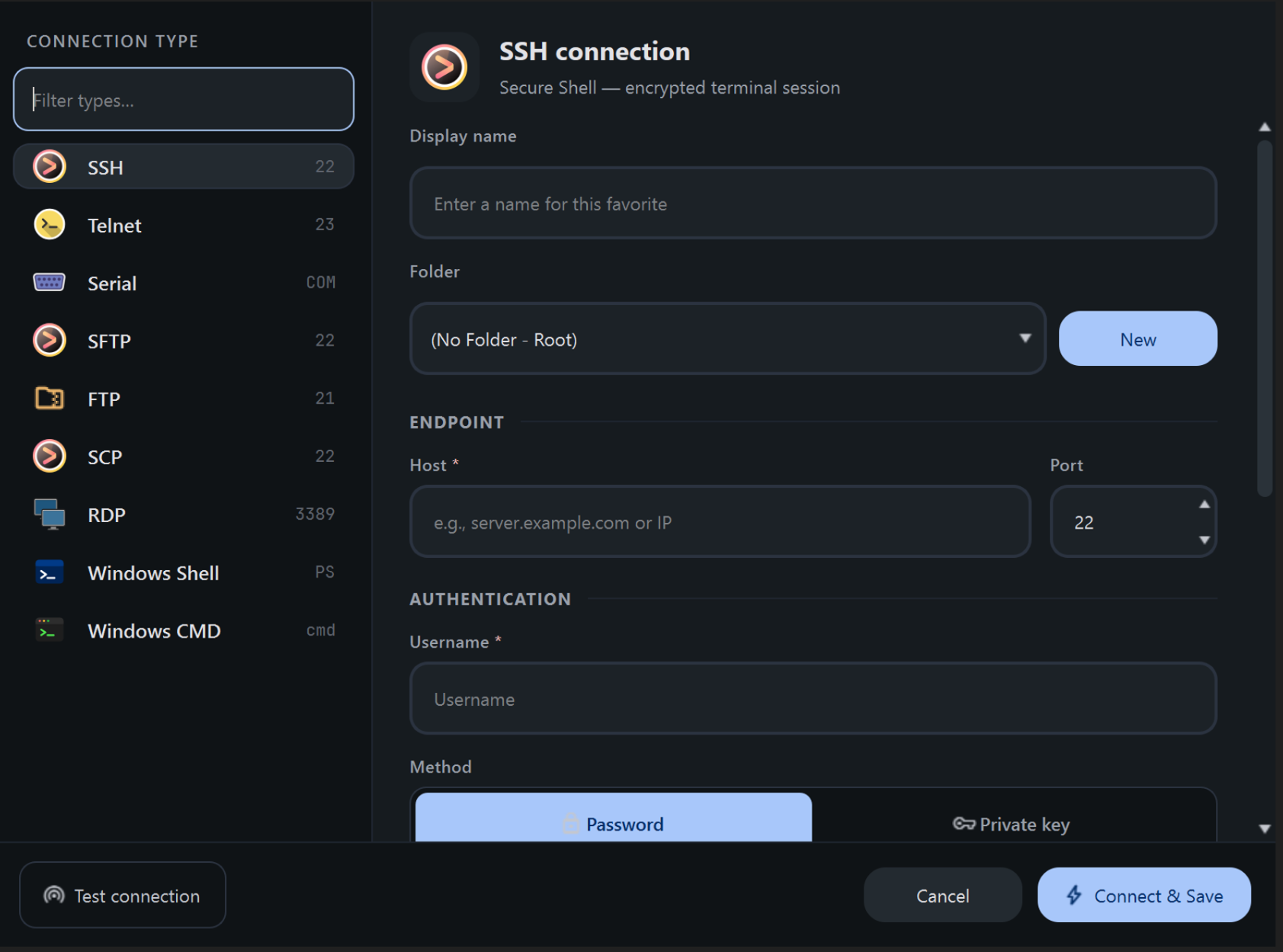 YTS Terminal Manager — Connection Type view