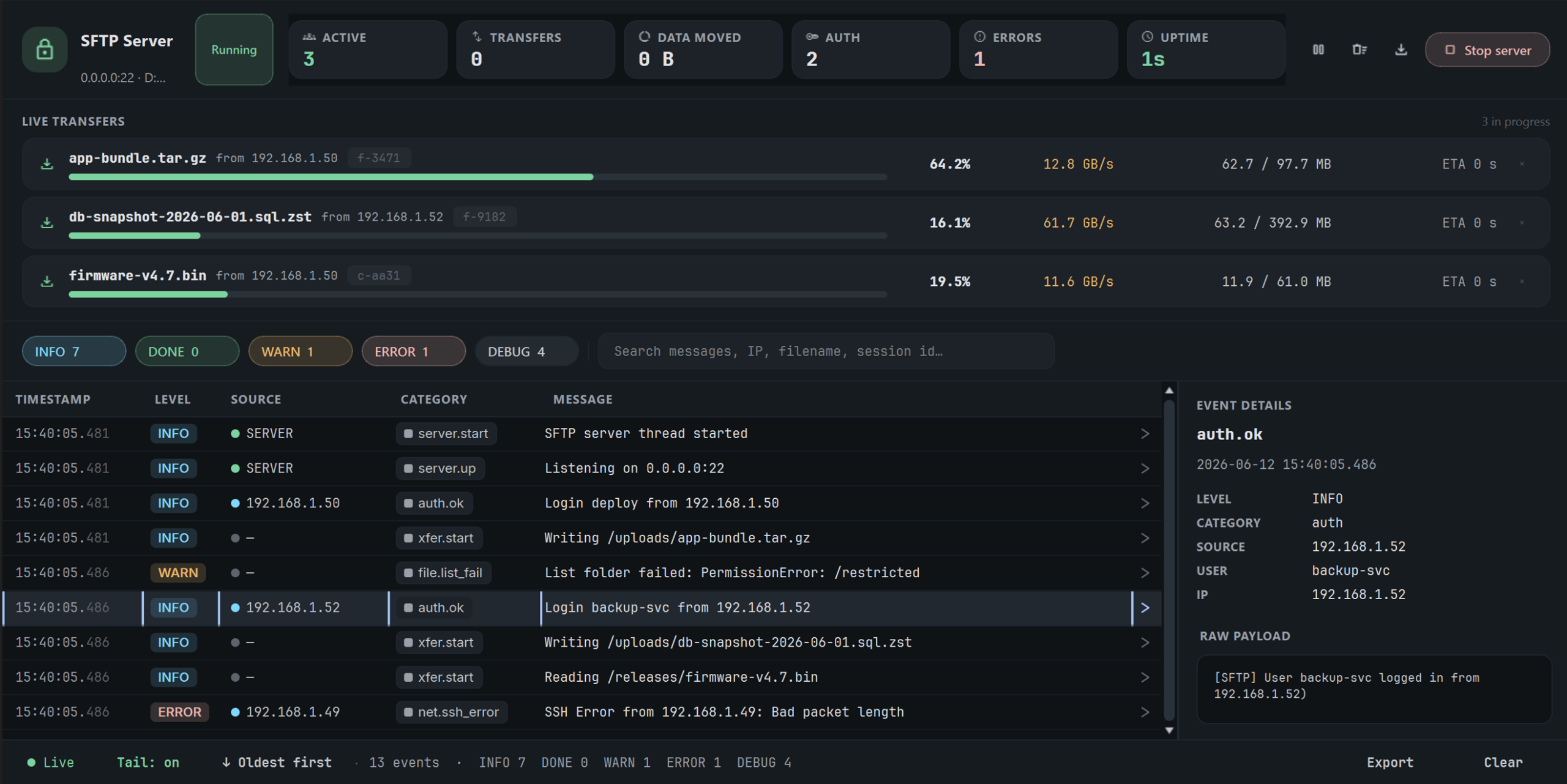 YTS Terminal Manager — embedded SFTP,FTP, TFTP, TACACS+ and SYSLOG server panel
